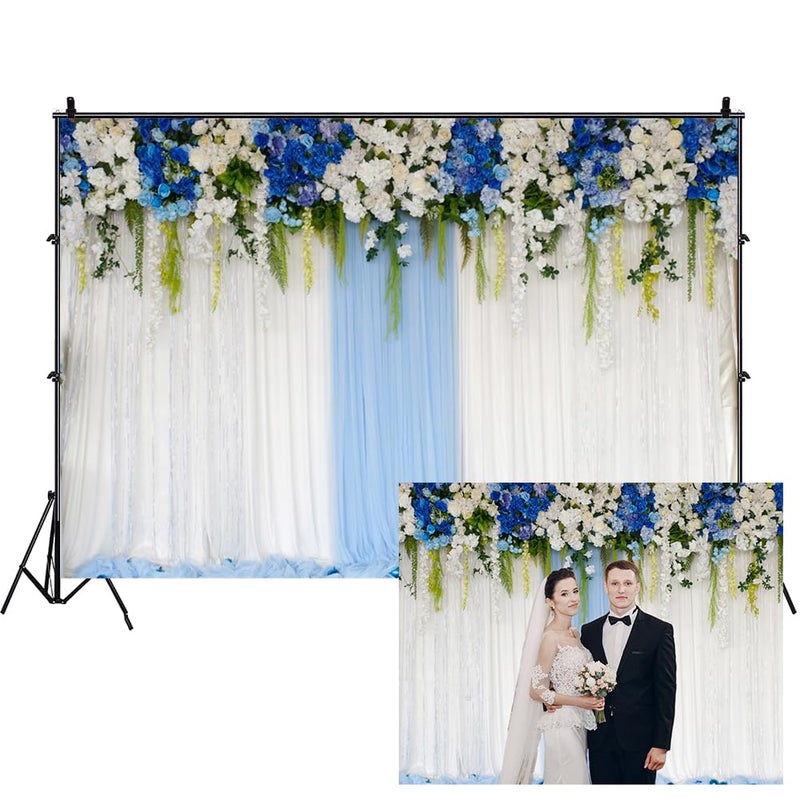 AOFOTO 7x5ft Blue White Flowers Curtain Wedding Backdrop Romantic Floral Wall Drapes Bride Groom Ladies Girls Photoshoot Background for Wedding Reception Ceremoney Birthday Cake Table Decor Banner - Image 1